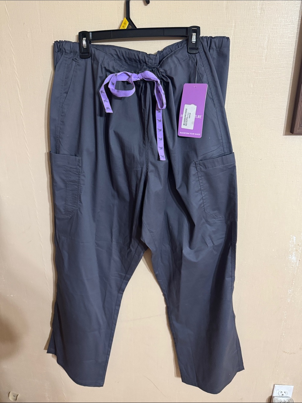 Relaxed Drawstring Women’s scrub Pants in Dark Gray with Purple Tie